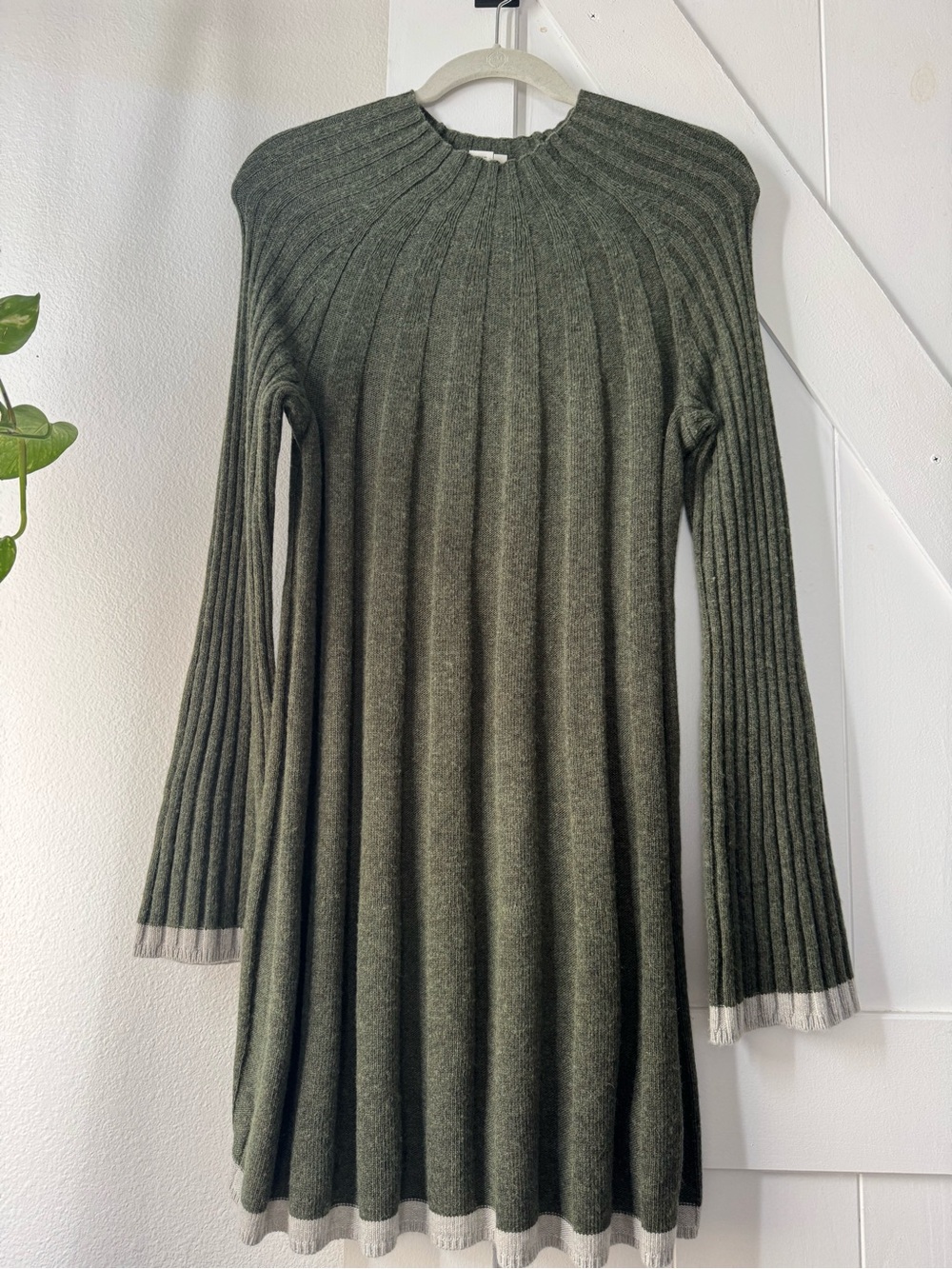 Anthropologie Olive Green Ribbed Long-Sleeve A-Line Dress with Contrast Hem